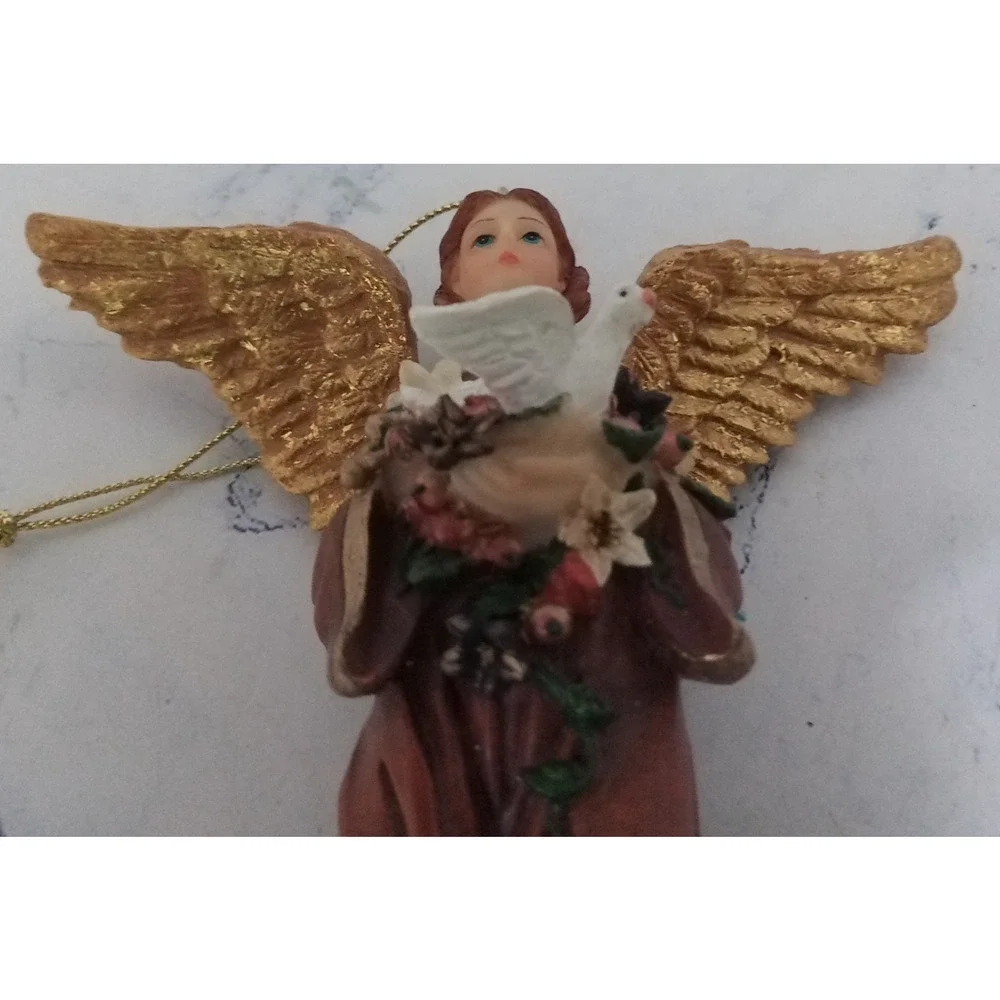 Christmas Tree ornament angel holding Dove with red dress blonde hair Gold Wings